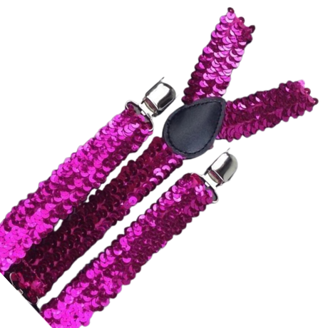 3x Hot Pink Sequin Slim Suspenders Bulk Pack - Strong Adjustable Clip On Braces for Weddings/Formals