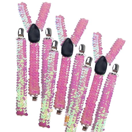 3x Light Pink Sequin Slim Suspenders Bulk Pack - Strong Adjustable Clip On Braces for Weddings/Formals