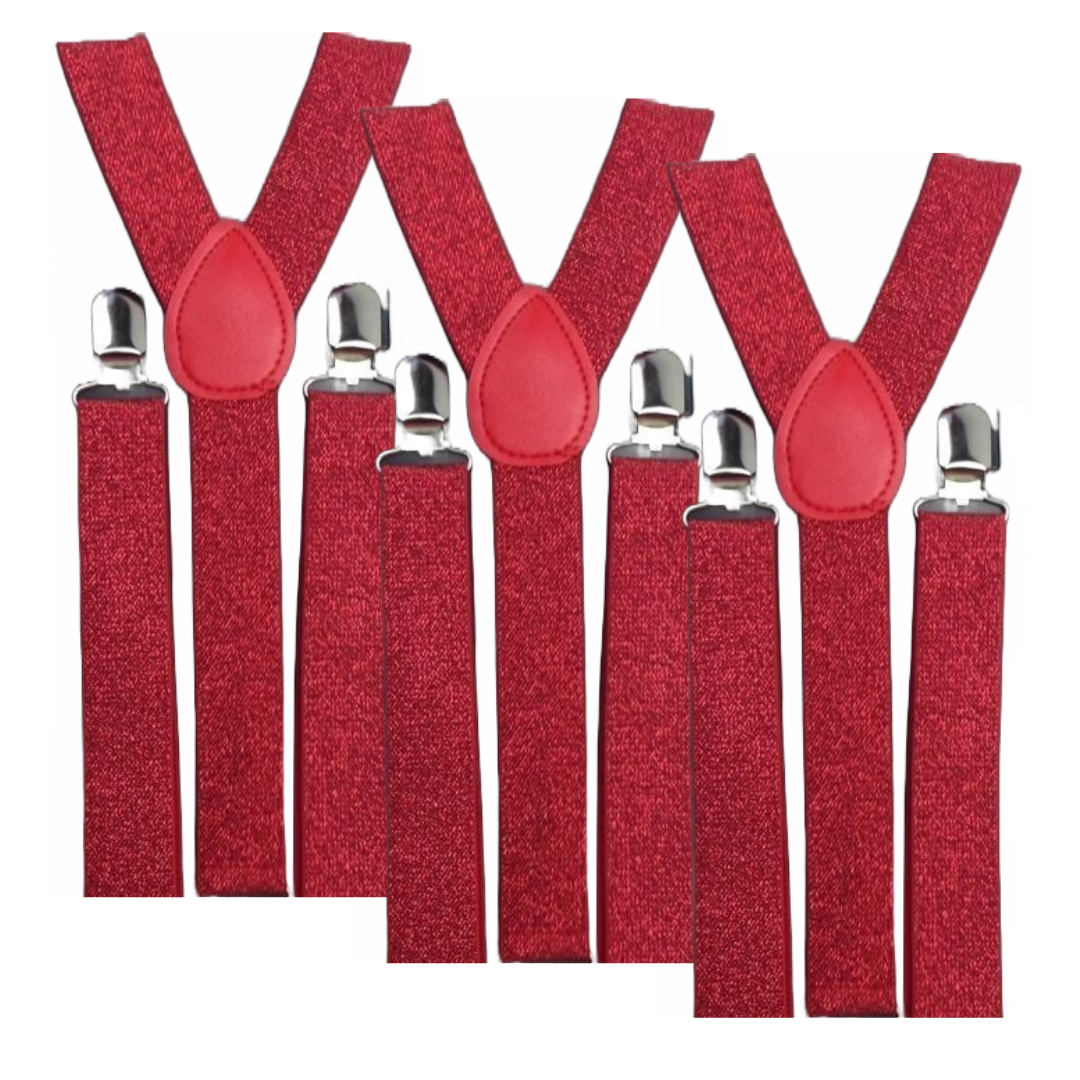 3x Red Glitter Slim Suspenders Bulk Pack - Strong Adjustable Clip On Braces for Weddings/Formals
