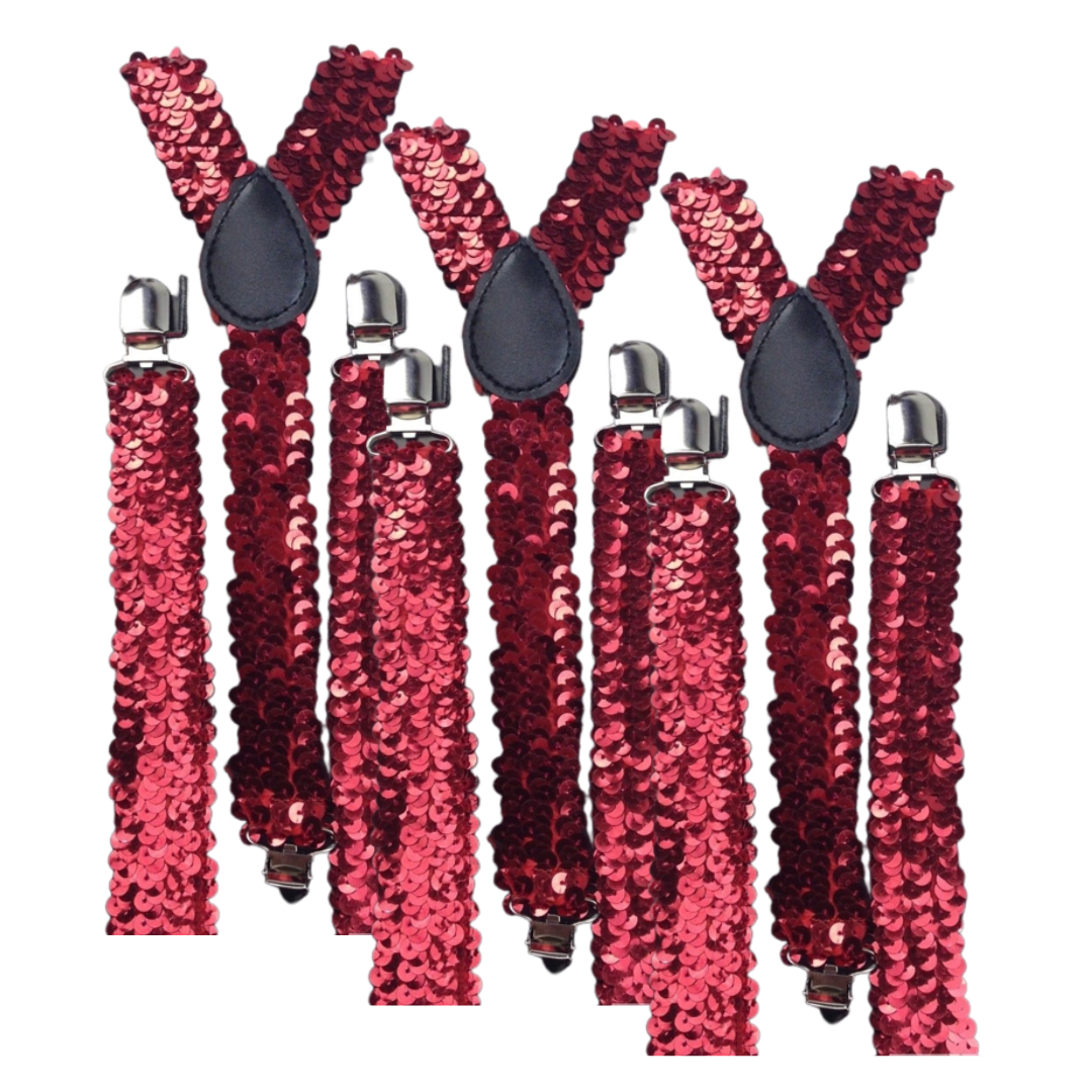 3x Red Sequin Slim Suspenders Bulk Pack - Strong Adjustable Clip On Braces for Weddings/Formals