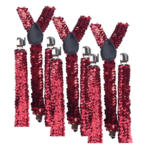 3x Red Sequin Slim Suspenders Bulk Pack - Strong Adjustable Clip On Braces for Weddings/Formals