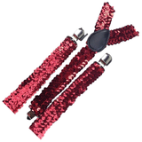 3x Red Sequin Slim Suspenders Bulk Pack - Strong Adjustable Clip On Braces for Weddings/Formals