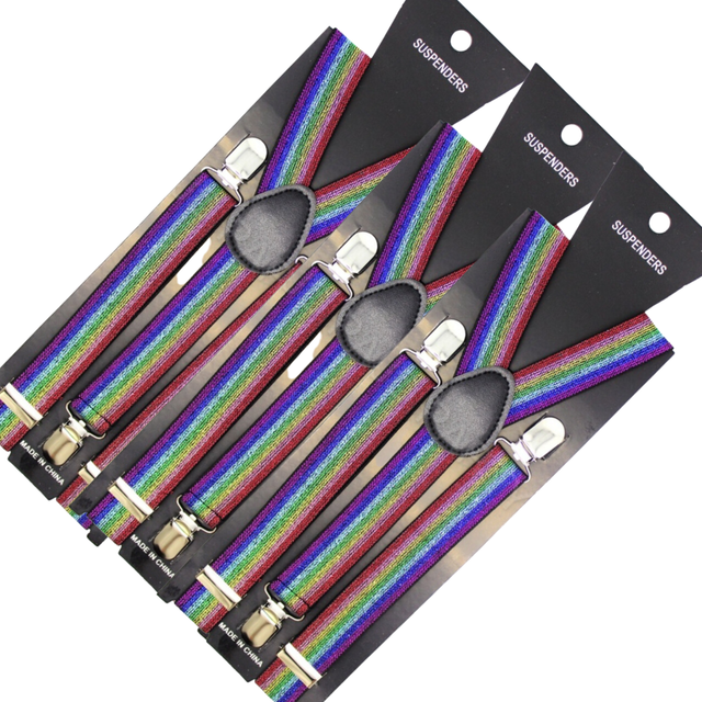 3x Rainbow Glitter Slim Suspenders Bulk - Strong Adjustable Clip On Braces for Weddings/Formals