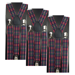 3x Tartan Slim Suspenders Bulk Pack - Strong Adjustable Clip On Braces for Weddings/Formals