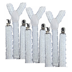3x White Sequin Suspenders Bulk Pack - Unisex Adjustable Clip On Elastic Y-Back Braces