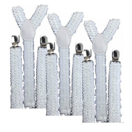 3x White Sequin Suspenders Bulk Pack - Unisex Adjustable Clip On Elastic Y-Back Braces