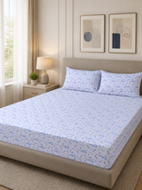 Azure Sprig Pure Cotton Fitted Bed Sheet + Pillowcase Set