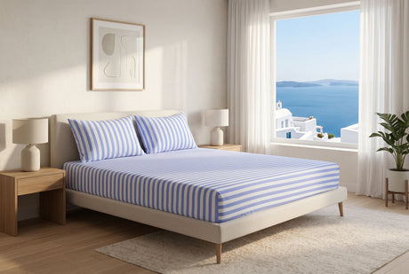 Coastal Bliss Pure Cotton Fitted Bed Sheet + Pillowcase Set - Blue/White