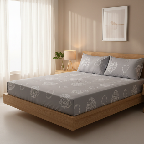 Damask Heart Pure Cotton Fitted Bed Sheet + Pillowcase Set - Grey/White