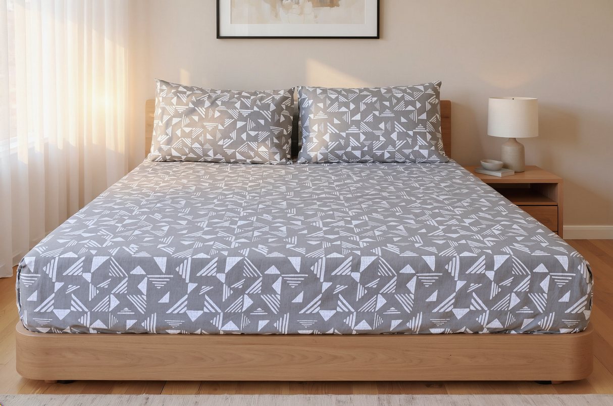 Geo Abstract Pure Cotton Fitted Bed Sheet + Pillowcase Set