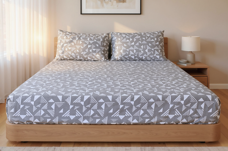 Geo Abstract Pure Cotton Fitted Bed Sheet + Pillowcase Set - Blue/White