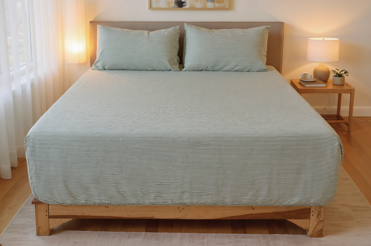Green Fine Stripe Pure Cotton Fitted Bed Sheet + Pillowcase Set