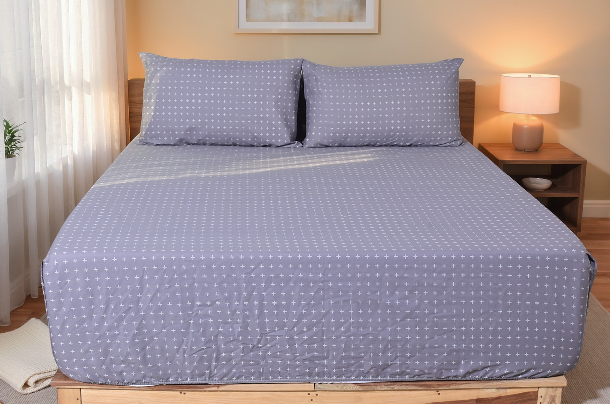Hobart Mist Pure Cotton Fitted Bed Sheet + Pillowcase Set