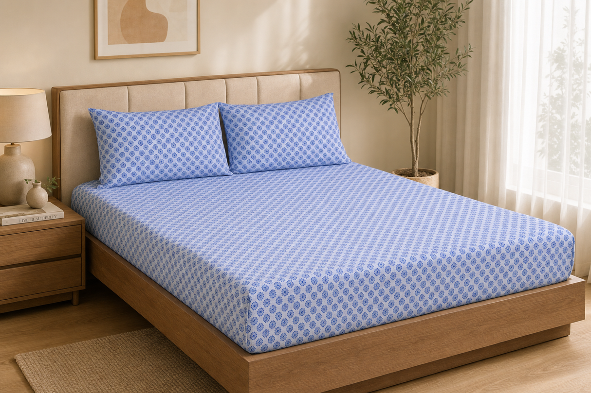 Indi Pure Cotton Fitted Bed Sheet + Pillowcase Set