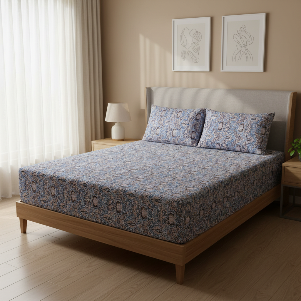 Iris Pure Cotton Fitted Bed Sheet + Pillowcase Set