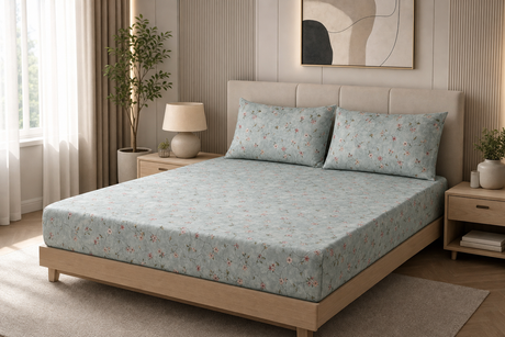 Ivy Bloom Pure Cotton Fitted Bed Sheet + Pillowcase Set - Green/Pink
