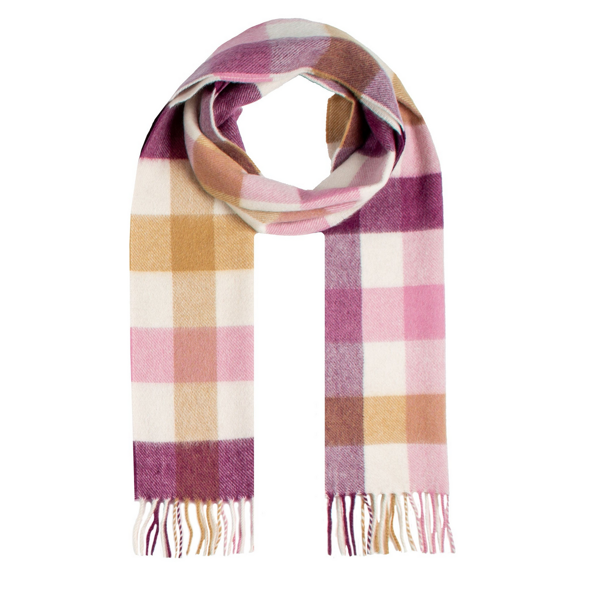 Dents Heritage Plaid Check Cashmere Scarf - Aubergine (w/ Tassels & Gift Box)