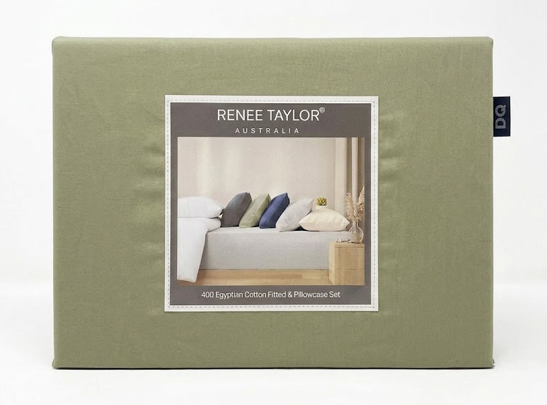 Renee Taylor 400TC Egyptian Cotton Fitted Sheet & Pillowcase Set - Basil (OEKO-TEX Certified)