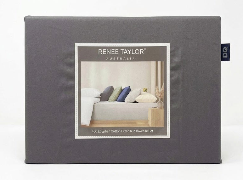 Renee Taylor 400TC Egyptian Cotton Fitted Sheet & Pillowcase Set - Magnet (OEKO-TEX Certified)