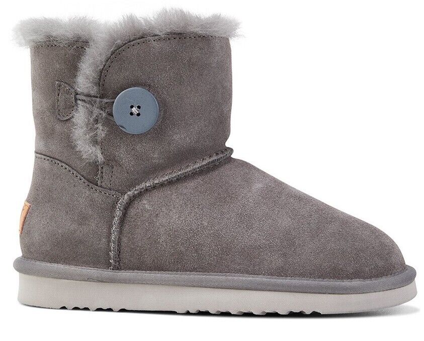 Grosby Womens Button UGG Boots - Dark Grey (Sheepskin Water Resistant Ankle Slippers)