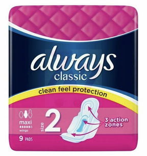 Always Classic Clean Feel Maxi Pads with Wings - Size 2 (1 Pack of 9)