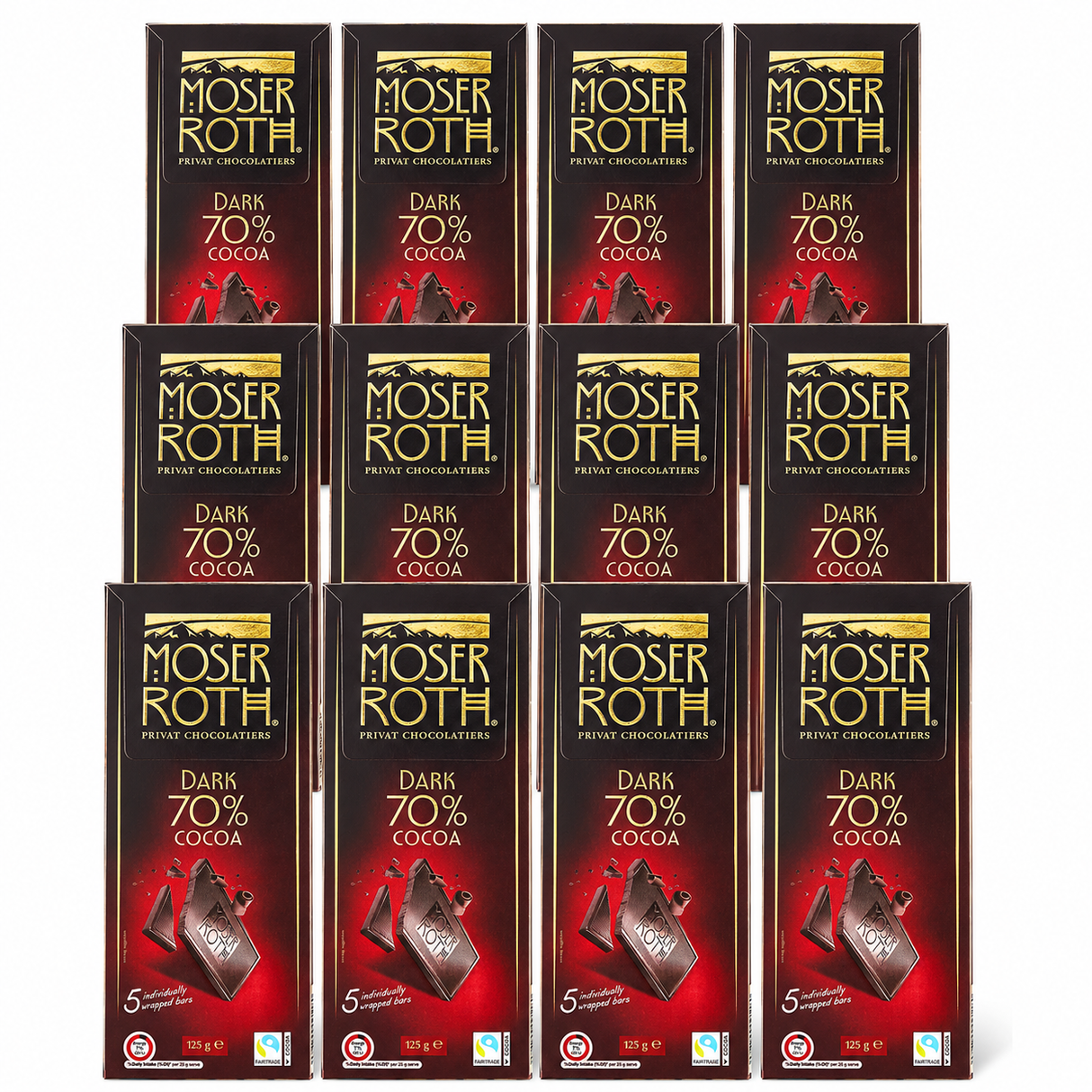 12x Moser Roth 70% Cocoa Dark Chocolate Block Bulk Pack - Made in Germany (60 Bars)