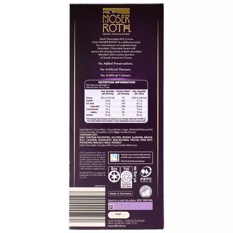 6x Moser Roth 85% Cocoa Dark Chocolate Block Bulk Pack - Made in Germany (30 Bars)
