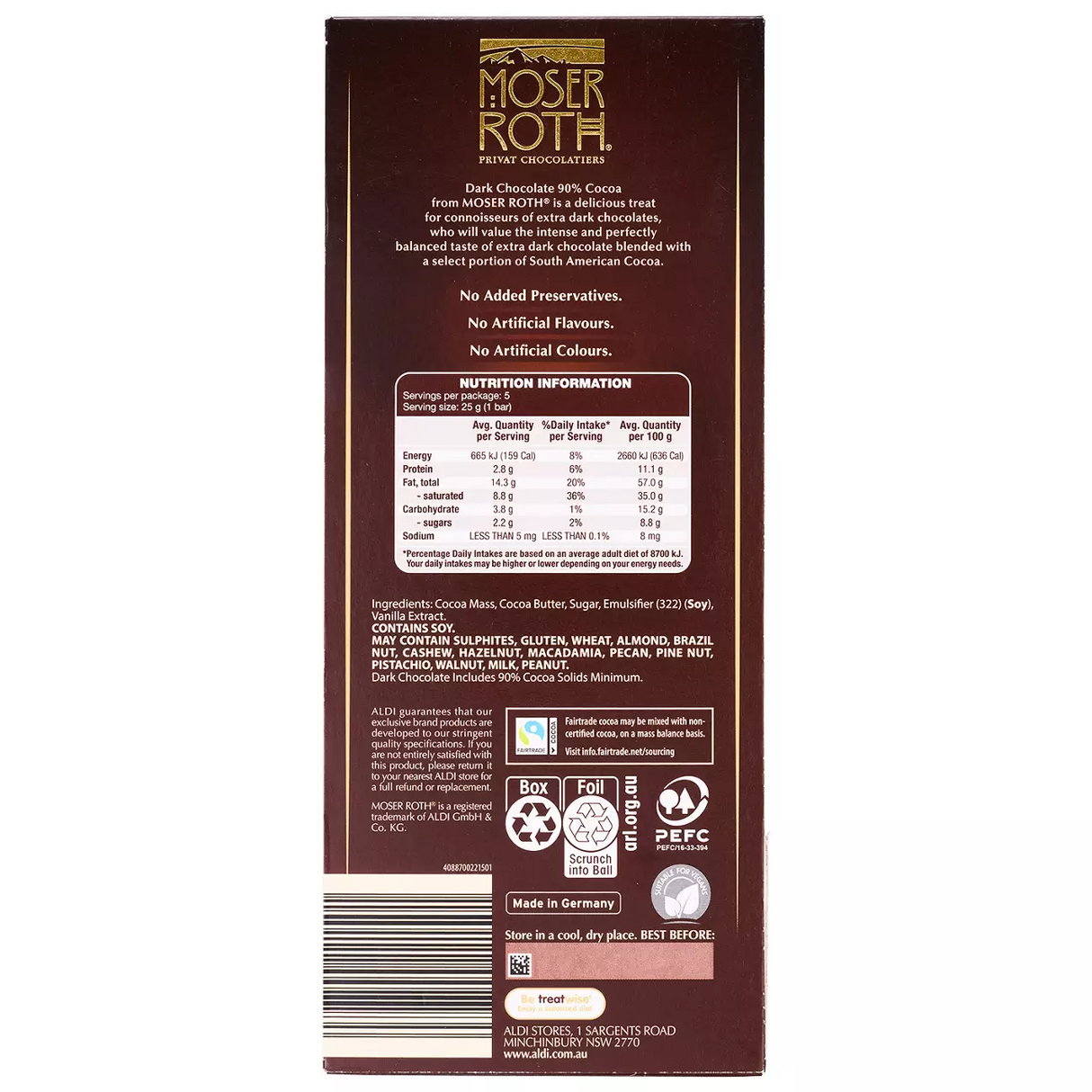 1x Moser Roth 90% Cocoa Dark Chocolate Block - Made in Germany (5 Bars)