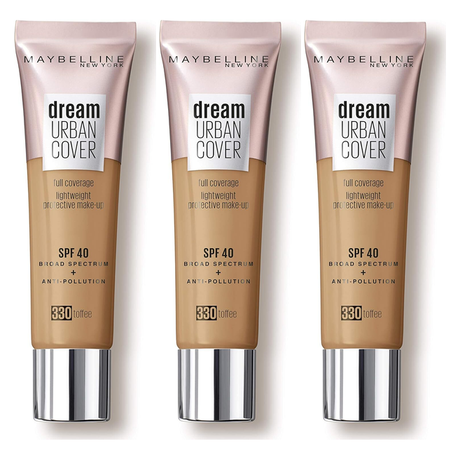 3x Maybelline 30ml Dream Urban Full Cover Liquid Foundation SPF40 Pack - Toffee 330 (4.5g)