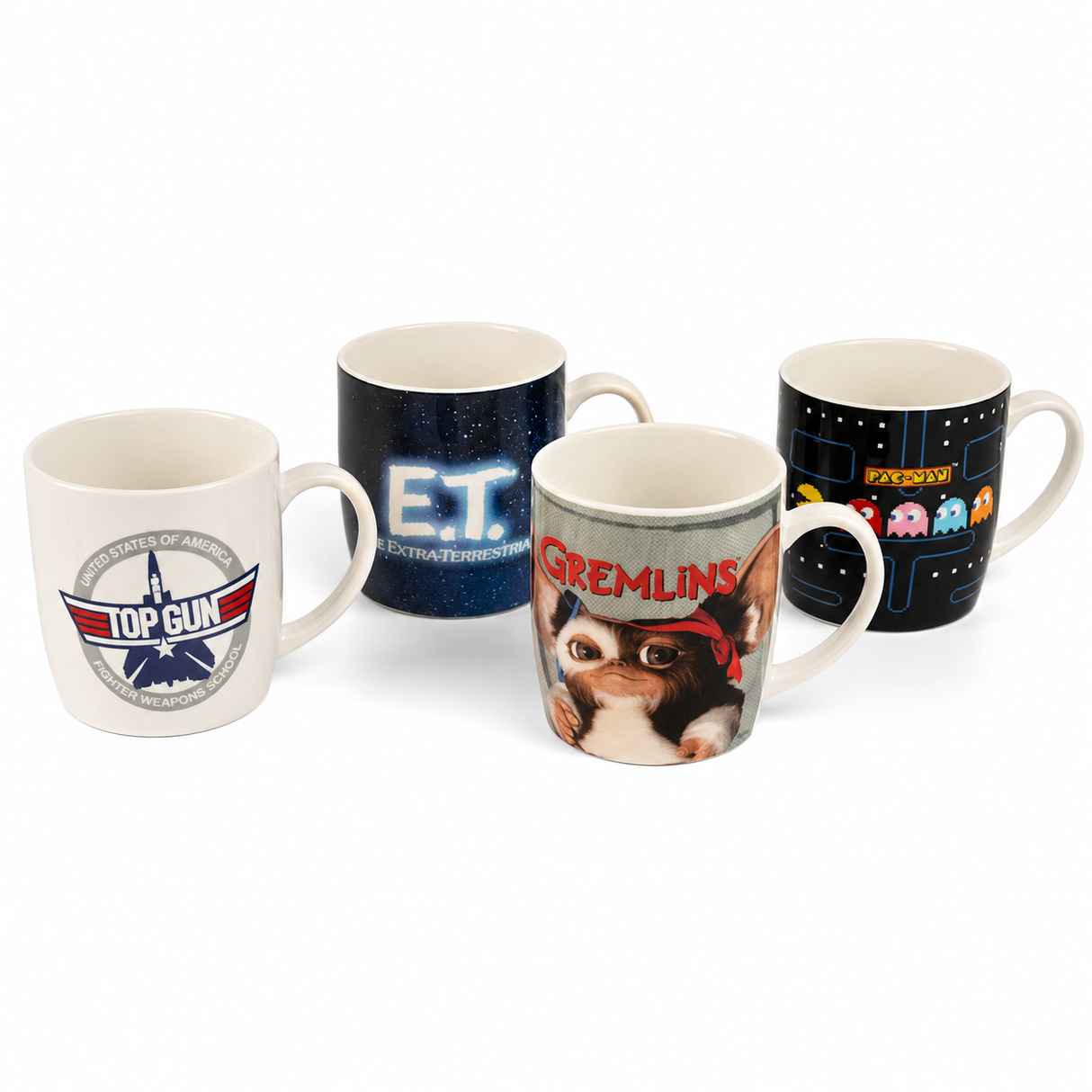 Set of 4 ET, Pacman, Gremlins & Top Gun 500ml Ceramic Coffee Mug Tea Cup with Handle (Officially Licensed)