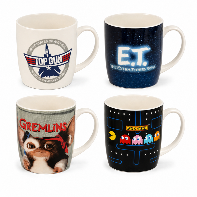 Set of 4 ET, Pacman, Gremlins & Top Gun 500ml Ceramic Coffee Mug Tea Cup with Handle (Officially Licensed)