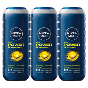3x 500ml Nivea Men Power Fresh 3-in-1 Shower Gel Pack - Body Face & Hair (24H Fresh Effect)