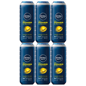 6x 500ml Nivea Men Power Fresh 3-in-1 Shower Gel Bulk Pack - Body Face & Hair (24H Fresh Effect)