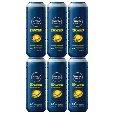 6x 500ml Nivea Men Power Fresh 3-in-1 Shower Gel Bulk Pack - Body Face & Hair (24H Fresh Effect)