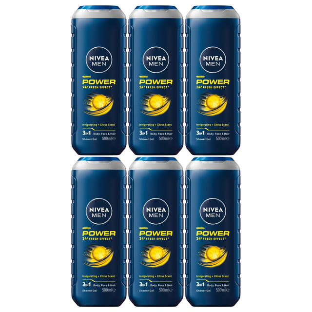 6x 500ml Nivea Men Power Fresh 3-in-1 Shower Gel Bulk Pack - Body Face & Hair (24H Fresh Effect)