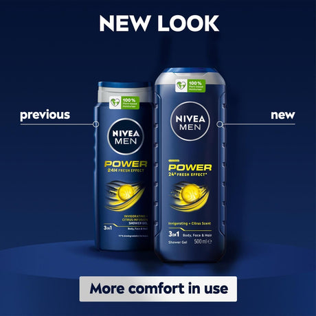 NIVEA Men Power Fresh 3-in-1 Shower Gel Body Face Hair 500ml 24H Fresh Effect