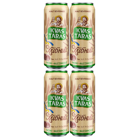 4x 500ml Kvas Taras Kvass Traditional Malt Bread Drink Bulk Pack - Non-Alcoholic (Cans)