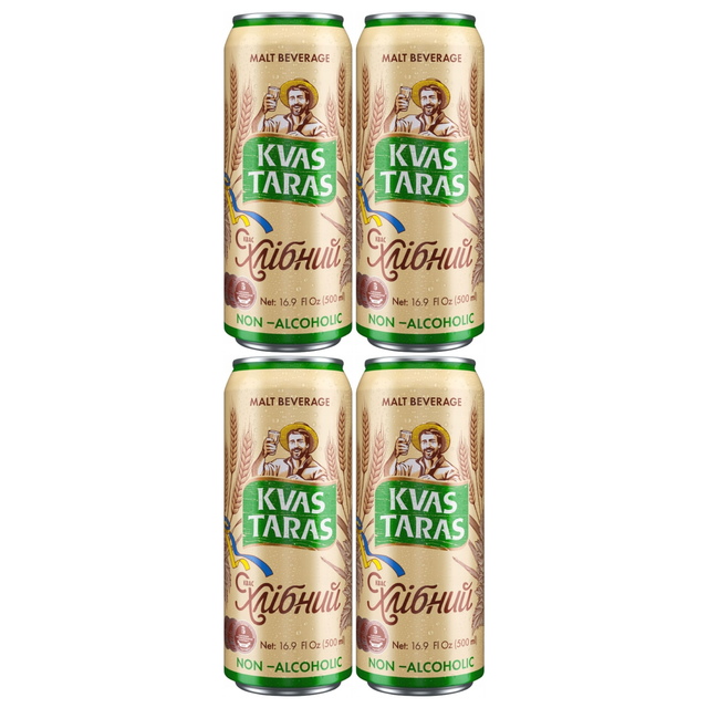 4x 500ml Kvas Taras Kvass Traditional Malt Bread Drink - Non-Alcoholic (Cans)