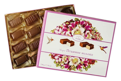 220g Prestige "Ptashine Moloko" Assorted Tsukerki (Vanilla & Creme Brulee Souffle in Dark Chocolate) - Product of Ukraine