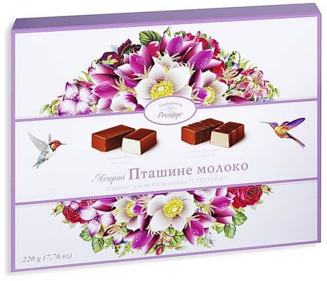 220g Prestige "Ptashine Moloko" Assorted Tsukerki (Vanilla & Creme Brulee Souffle in Dark Chocolate) - Product of Ukraine