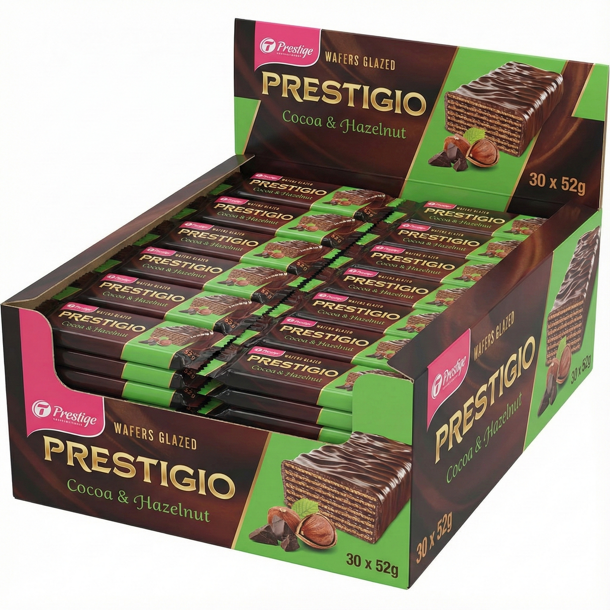 30x 52g Prestigio Glazed Wafers in Cocoa & Hazelnut Bulk - Product of Ukraine (1 Box)