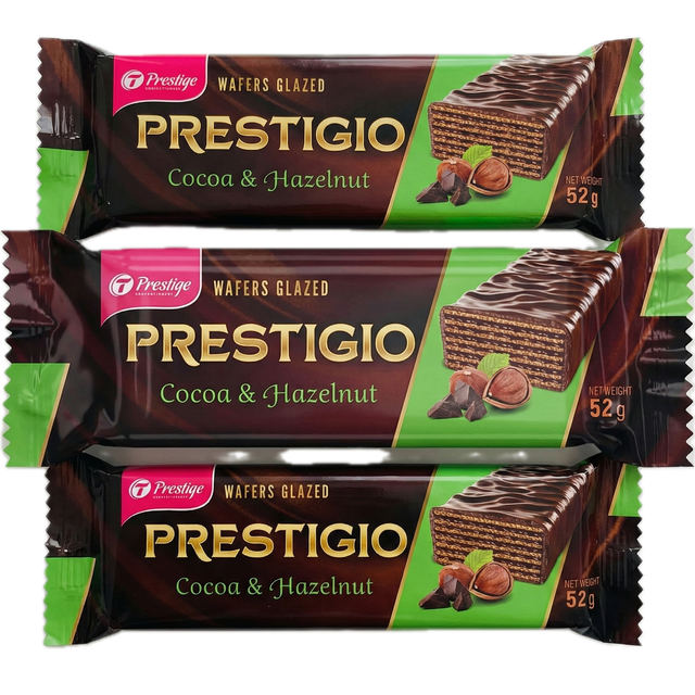 3x 52g Prestigio Glazed Chocolate Wafers in Cocoa & Hazelnut - Product of Ukraine