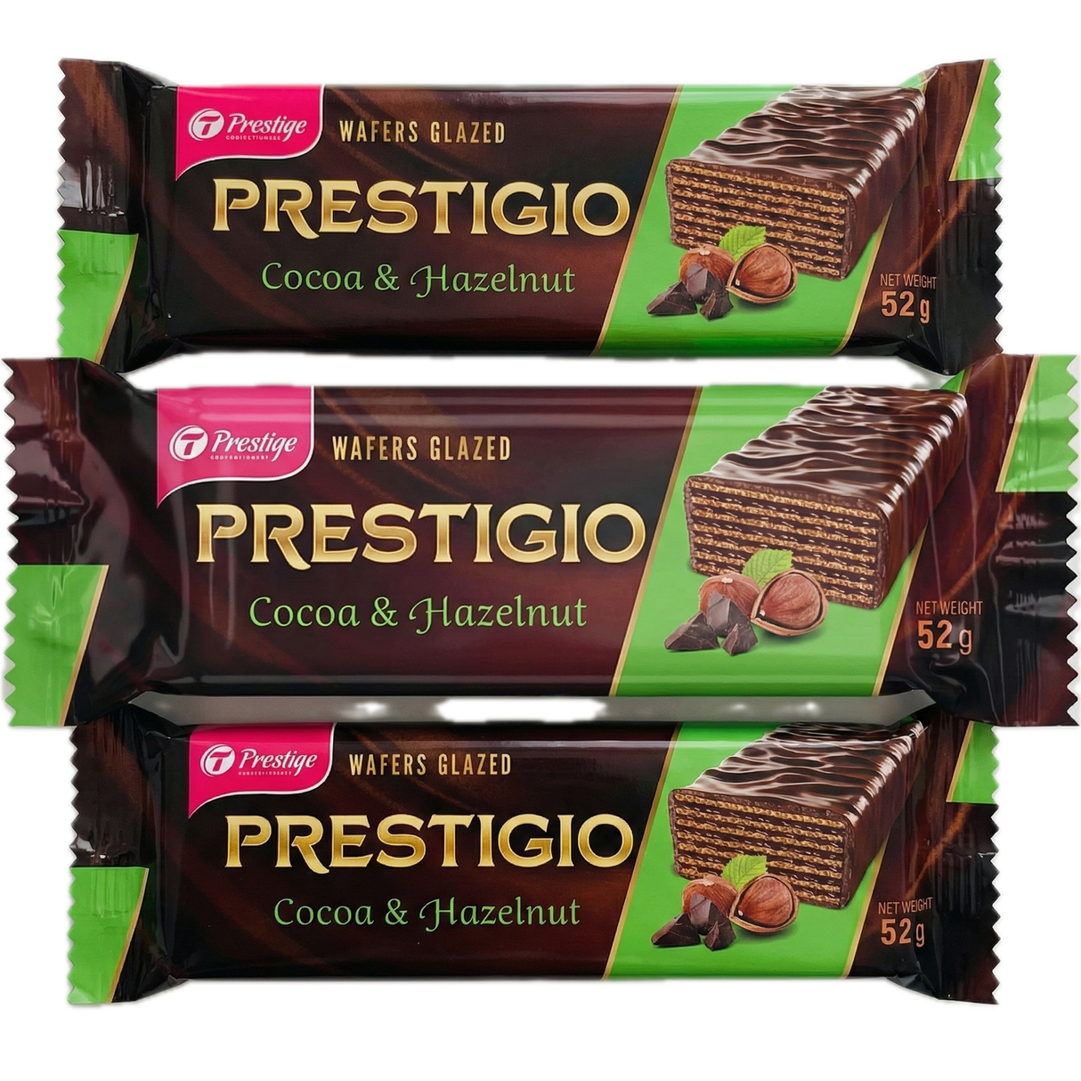 3x 52g Prestigio Glazed Chocolate Wafers in Cocoa & Hazelnut - Product of Ukraine