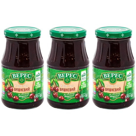 3x VERES 370g Sour Cherry Fruit Jam Spread from Fresh Fruits Bulk Pack - Product of Ukraine