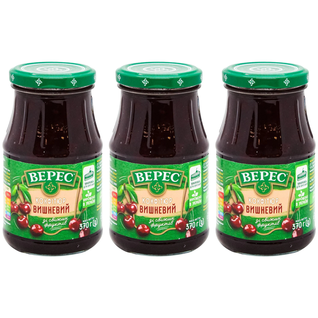 3x VERES 370g Sour Cherry Fruit Jam Spread from Fresh Fruits Bulk Pack - Product of Ukraine