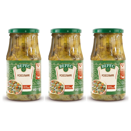 3x 445g VERES Ready-To-Eat "Rozsolnik" Pickle Condensed Soup in Glass Jar Pack - Product of Ukraine (Home-Style)