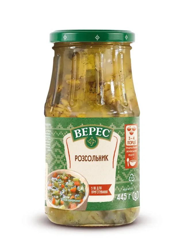445g Ukrainian Ready-To-Eat Home-Style "Rozsolnik" Pickle Condensed Soup in Glass Jar - Product of Ukraine