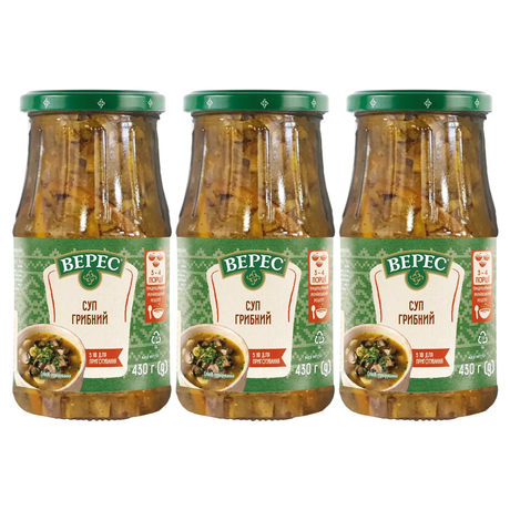 3x 430g VERES Ready-To-Eat Mushroom Soup in Glass Jar Pack - Product of Ukraine (Home-Style)