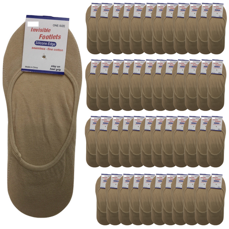 48 Pairs No Show Cotton Socks Bulk Pack - Beige (Non Slip Low Cut Invisible Footlet Socks)