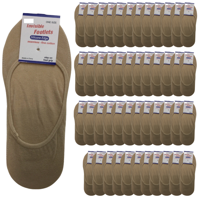 48x NO SHOW COTTON SOCKS Non Slip Heel Grip Low Cut Invisible Footlet Seamless - Beige - 6-11